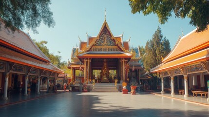 Fototapeta premium Wide-angle shot of the impressive architecture of Khao Sukim Temple, with ornate roofs and traditional Thai designs standing tall.
