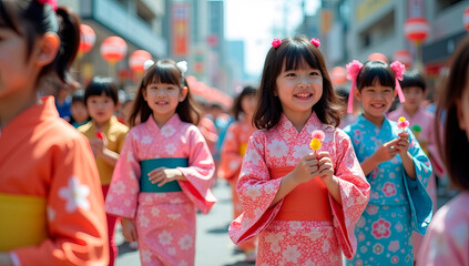 Fototapeta premium A joyful Children’s Day parade in Tokyo, with children dressed in bright yukata and smiling as they march through the decorated streets