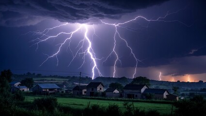 Dramatic lightning storm over ominous rural village night