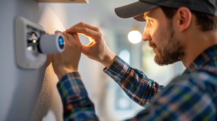 Naklejka premium Professional Technician Installing a Smart Home Device with Precision