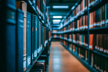 Bookshelves filled with reference materials in a modern college library for student research