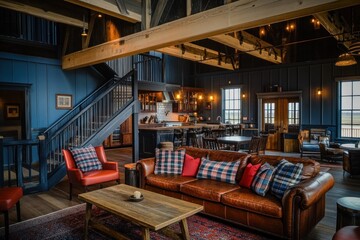Fototapeta premium Rustic lodge interior with leather sofa, plaid pillows, wooden beams, and a staircase.