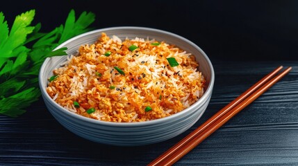 A bowl of hot fried rice, thoughtfully placed with chopsticks resting beside it, complements a serene dining setting backed by fresh herbs.