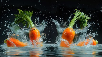 fresh carrots splashing into clear water, studio photography, advertising style HD 8K wallpaper Photographic Image 