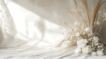 Delicate arrangement of dried flowers and fabric under soft light
