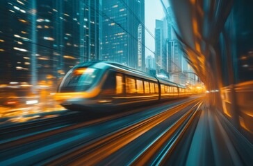 Modern Train Speeding Through Cityscape Transportation with Motion Blur Effect