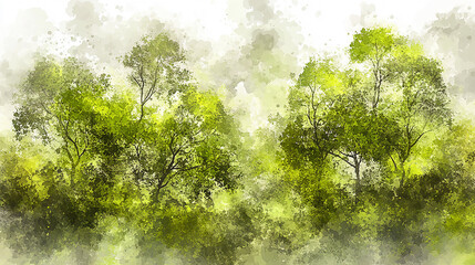Lush Green Trees in a Misty Forest Setting with Soft Light Filtering Through the Foliage