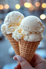 Enjoying two scoops of creamy vanilla ice cream on a sunny day at a popular outdoor location
