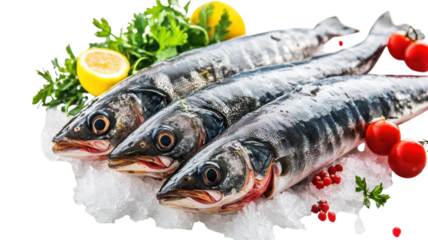 Fresh fish displayed on ice with herbs, lemons, and cherry tomatoes at a market in the early morning