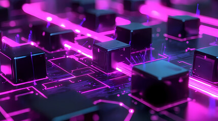 Obraz premium Black Blocks and Purple Lines on Tech Circuit Board
