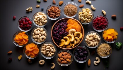 vibrant spread of natural ingredients including cashews dried fruits and colorful snacks arranged harmoniously in bowls on dark surface