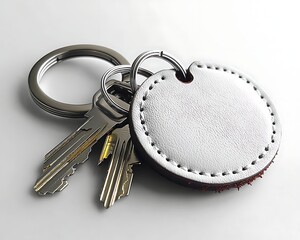 White Leather Keyring for Keys, White Background.