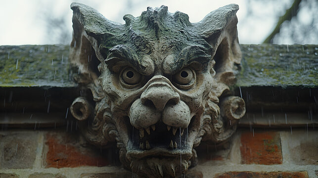 A close-up photography of an intricately carved Gothic gargoyle perched on the edge of a cathedral, its stone face weathered with age and dripping with rain.
