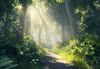 Obraz premium Walking Path Through Forest with Sun Rays and Lush Greenery