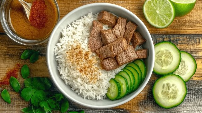 A bowl of tantalizing beef rice, marinated in a savory sauce, beautifully highlighted by lime wedges and sliced cucumbers on the side for an exquisite meal presentation.