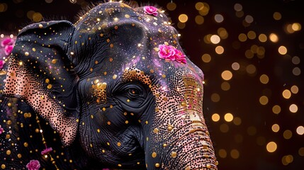 Obraz premium Holi festival celebration with decorated elephant. Background with flowers, festive lights and gold for banner, HD 8K wallpaper Photographic Image 