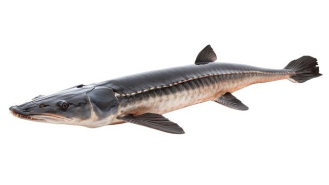Sturgeon swimming gracefully in clear water with distinctive body shape and features captured in well-lit environment
