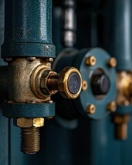 Close-up of Industrial Pipe Valve Mechanism with Rust and Patina in a Manufacturing Setting
