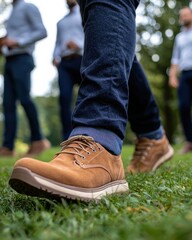 Fototapeta premium Close-Up of Brown Casual Shoes on Grass with People Walking in Background in Nature Setting