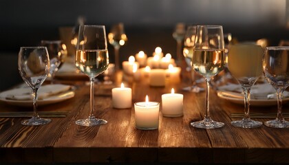 Romantic candlelight dinner mockup with multiple tea light candles glowing on a wooden table, creating a warm and intimate atmosphere.
