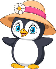 Cute penguin cartoon dons straw hat with flower; ideal for summer illustrations, kids products, greeting cards, stationery, and promotional materials.