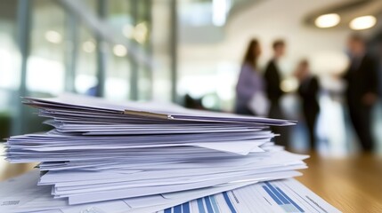 Documents stacked on a table, blurred business people in background