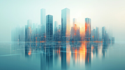 Stylish modern cityscapes, glass skyscrapers, glowing lines of futuristic structures, urban development, technology, corporate Settings and high-tech financial worlds.