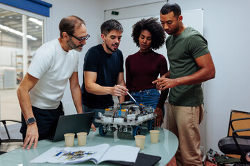 Engineers collaborating on building a robot prototype in modern office