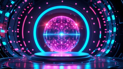 Futuristic glowing sphere with cyberpunk holographic effects