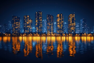 Obraz premium City skyline illuminated at night with reflections in the calm water