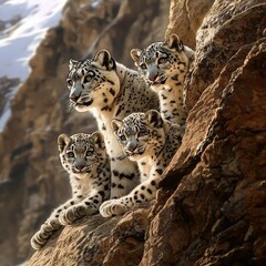 Obraz premium Majestic snow leopard cubs playfully exploring their alpine habitat.
