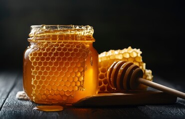 Honey Jar with Honeycomb and Dipper on Dark Wooden Surface
