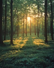 Quiet Forest Clearing with Sunlight Shining Through Trees