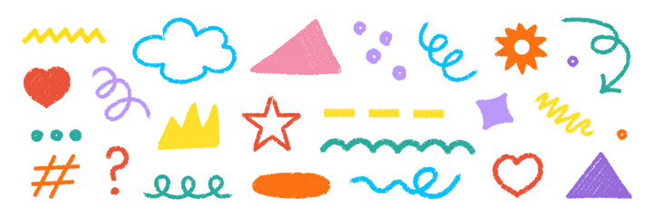 A set of colorful hand-drawn doodles, including geometric shapes, squiggles, stars, hearts, arrows, and abstract elements in a crayon or pastel style, creating a playful and artistic look.