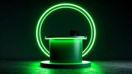 Futuristic neon frame with circular podium display