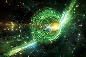 Design an abstract and dynamic artwork depicting a green energy vortex