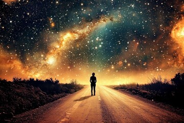 Fototapeta premium Contemplation on a quiet road under the twinkling stars.