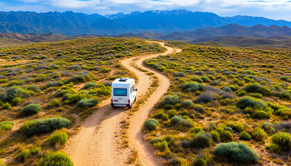 Off-road campervan adventure through a scenic mountain landscape