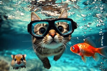 Discover the surreal underwater world featuring a playful tabby cat.