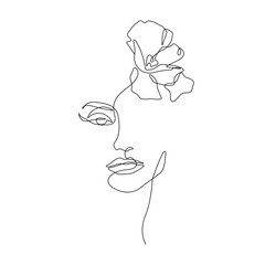 Continuous Line Drawing of Female Head with Flowers. Beauty Vector Concept for Minimalist Design. Floral Woman Portrait Creative Line Art Drawing. 