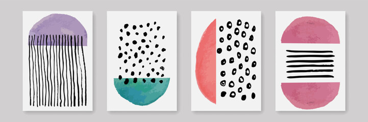 Abstract Wall Art Template Set Hand Drawn Style. Vector Background Minimalist Bohemian Line Art Style for Wall Art, Social Media, Banners, Posters, Cards, Prints.