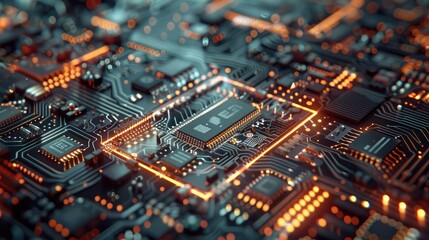 Obraz premium Futuristic Circuit Board with Glowing Microchips Technology