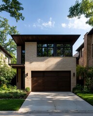 Modern Minimalist Home with Elegant Brick Facade and Garage Surrounded by Lush Greenery