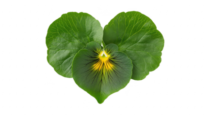 Green Pansy Flower with Yellow Center Close-Up: A Botanical Still Life of Vibrant Petals, Veined Leaves, and Textured Detail on a Black Background