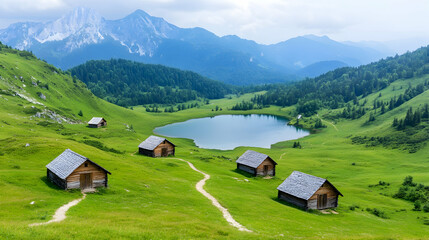Picturesque alpine valley with wooden huts, serene lake, and rolling hills
