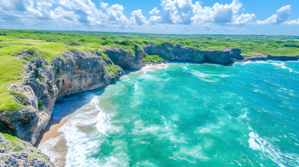 Picturesque coastal cliffs meet turquoise waves. Lush greenery meets the sea