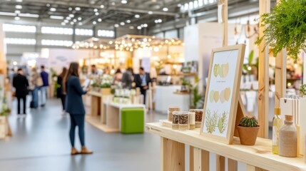 The Vibrant Exhibition: Capturing the buzz of a bustling trade show, with diverse displays and people interacting, creating a dynamic scene of commerce and connection.