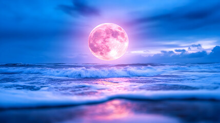 Pink moon over the ocean at twilight