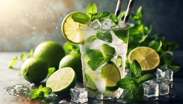 Refreshing mojito cocktail in a tall glass with mint, lime, and crushed ice on a summer day.