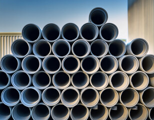 A bundle of PVC pipes in various sizes placed horizontally on a clean industrial surface